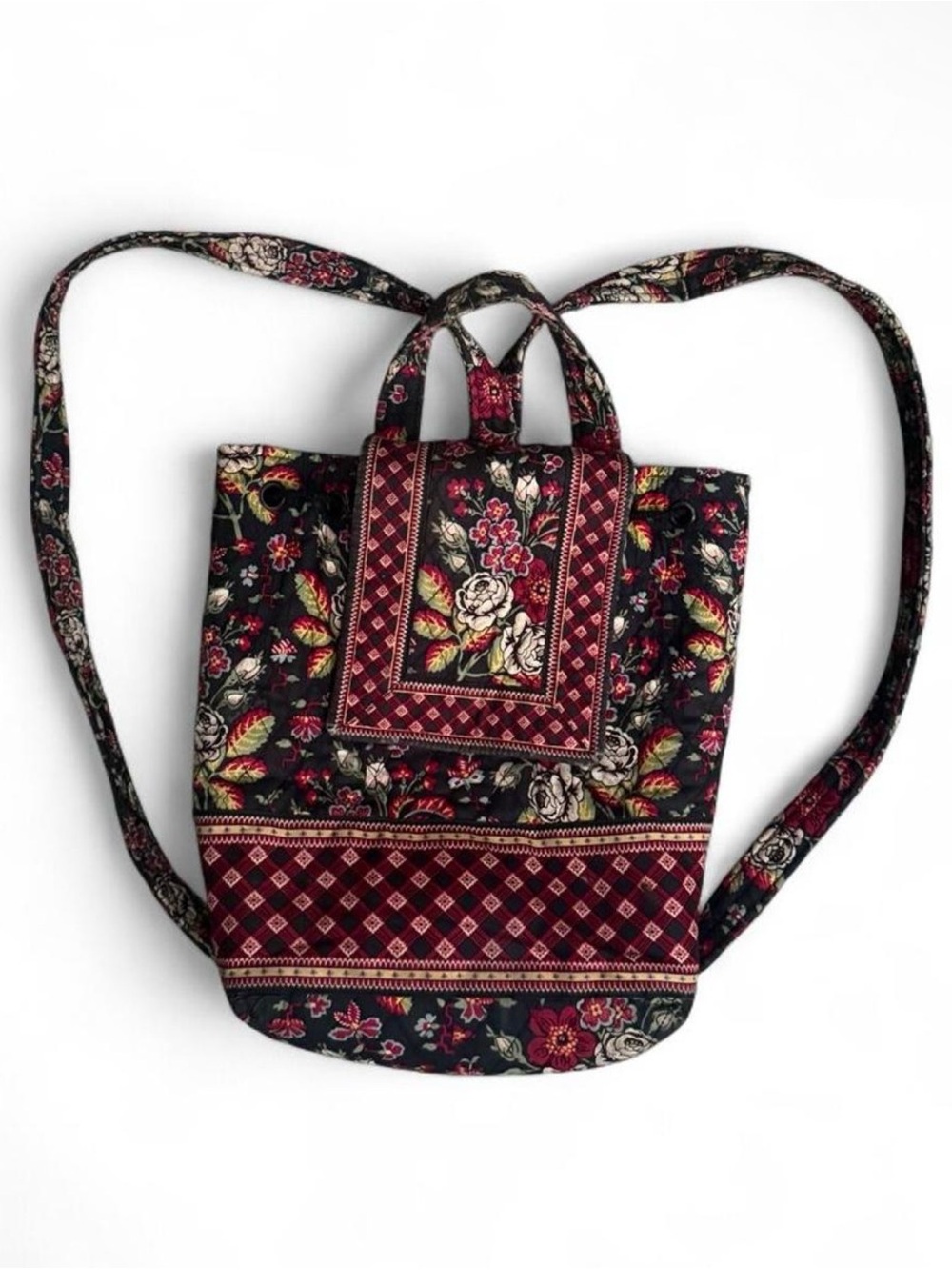 Vera Bradley Vintage Anastasia Quilted Floral Backpack in Black and Burgundy
